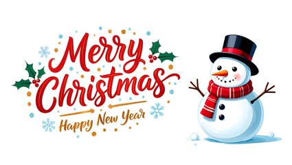 Joyful merry christmas and happy new year greeting with a cute snowman