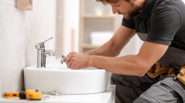 Plumber installing new faucet on bathroom sink