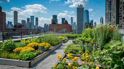 Fototapeta premium Rooftop Garden with Lush Vegetables and Herbs in City Setting