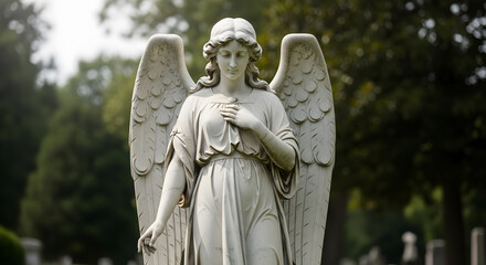 Fototapeta premium Angel Statue Serenity: Cemetery Sculpture in Natural Light