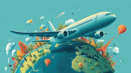 airplane flying over world map