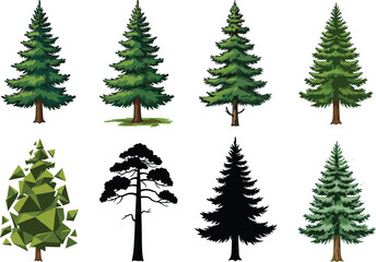 Evergreen pine tree illustrations, fir forest elements, winter holiday trees, hand drawn conifer clipart, nature plant vector, silhouette included