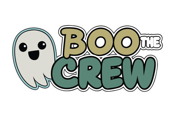 Cartoon Halloween Ghost with Boo The Crew Text in Green and Beige on White Background