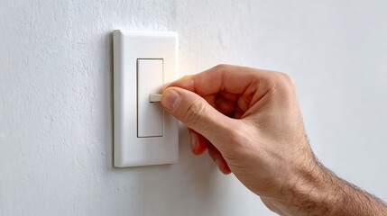 Hand adjusting modern white light switch on wall
