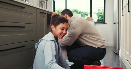 High five, help and toolbox with father and daughter in kitchen for bonding, support and plumbing. Handyman, pipe maintenance and teaching with man and girl in family house for fixing together