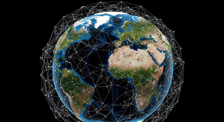 Earth globe surrounded by a network of connected lines against a black background in a digital rendering
