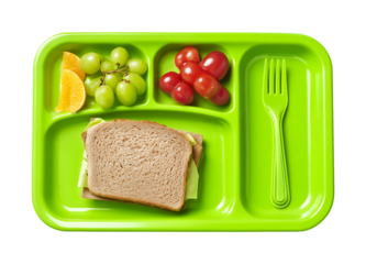 A vibrant and healthy lunch is neatly arranged in a bright green partitioned tray, perfect for a balanced meal isolated on a transparent background
