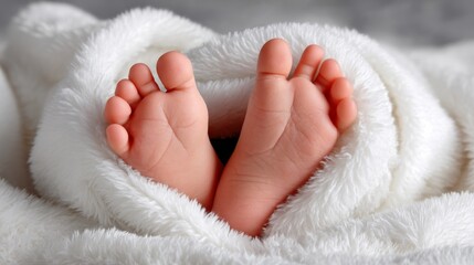 Tiny Baby Feet Nestled in a Soft White Blanket Evoking Warmth and Tenderness