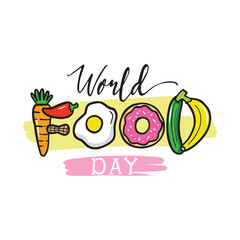 World Food Day. 16th October food day celebration banner, post with fruits and vegetables wearing chef hats in a carton box. The day promote global awareness, action for those who suffer from hunger.