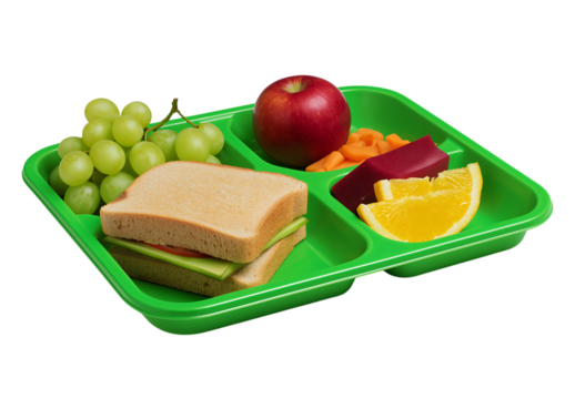 A vibrant, healthy school lunch featuring a sandwich, fresh grapes, apple, carrots, and orange slices, served on a green compartmentalized tray isolated on a transparent background - Powered by Adobe