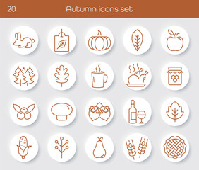 Autumn line icons set with pumpkin, apple, leaf, mushroom, corn, pear, pie, drink and food symbols. Simple seasonal collection for fall design, harvest, thanksgiving and holiday projects.