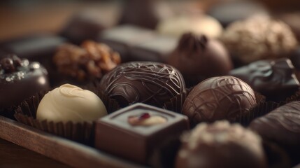 Medium frame showcasing a variety of gourmet dark chocolates with intricate fillings the foreground sharp to reveal textures while the rest fades into a gentle blur.