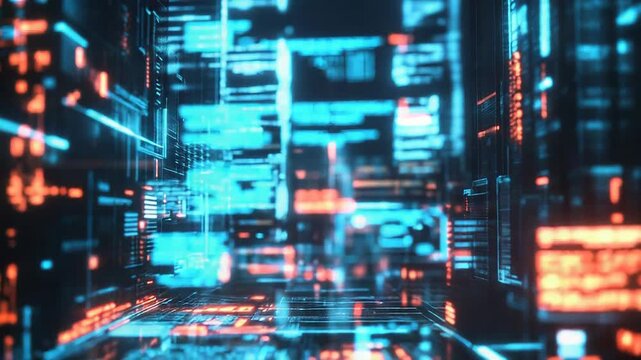 Futuristic server room processing big data with code displayed on screens - Powered by Adobe