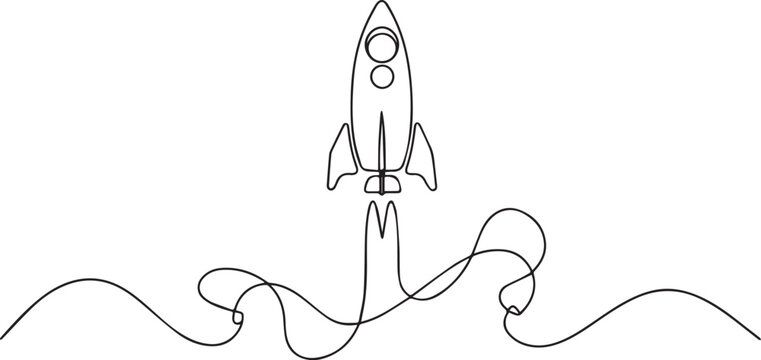 Retro spacecraft flying up to the outer space nebu vector one line drawing illustration