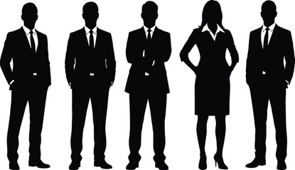 Business people silhouette illustration with professional men and women standing in formal corporate attire representing teamwork, leadership, success, office collaboration.