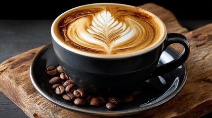 Cup of Coffee with Latte Art in a Black Mug on a Wooden Table with Coffee Beans