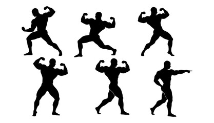 Bodybuilder Silhouette Set.Muscular Men Flexing Poses Collection, Fitness Vector Icons.