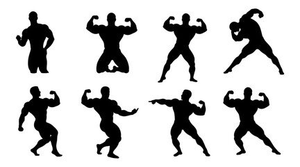 Bodybuilder Silhouette Set.Muscular Men Flexing Poses Collection, Fitness Vector Icons.
