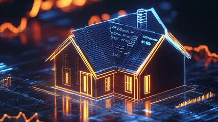 Glowing hologram of a house representing real estate investment and data analysis - Powered by Adobe