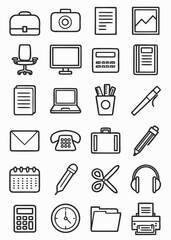 Line icons of office and business: computer, chair, phone, printer, calculator, folder, pen, and calendar.