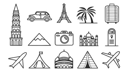 Travel and tourism outline icons set with airplane, landmarks, luggage, palm tree, camera and adventure symbols."
