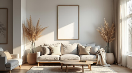 Modern living room of Scandinavian hygge living room with cozy textures, soft lighting, and a framed mockup with a minimalist design.