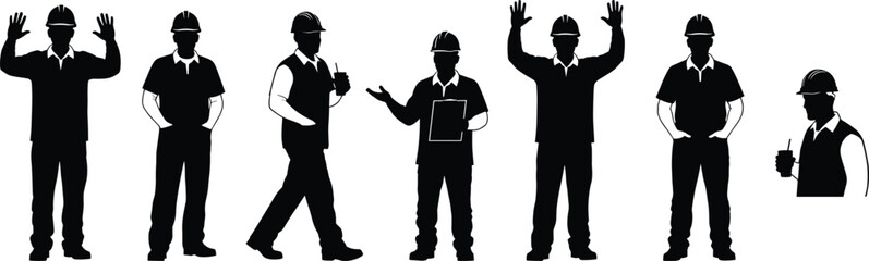Construction worker silhouettes illustration showing men wearing safety helmets and vests in different poses representing industry, labor, teamwork, engineering, building work.