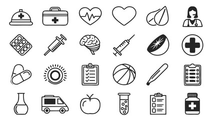 Medical and healthcare outline icons set with doctor, pills, syringe, heart, stethoscope, ambulance, clipboard and wellness symbols."