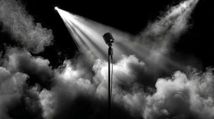 Microphone in Spotlight Surrounded by Dark Clouds Creating a Dramatic Atmosphere