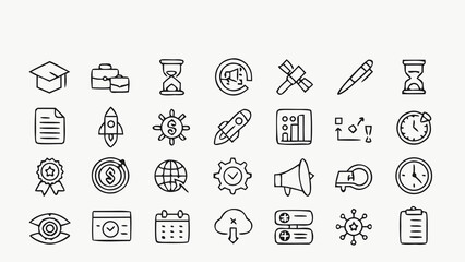 Business and education outline icons set with graduation cap, rocket, clock, calendar, chart, gear, documents and workflow symbols."