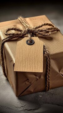 Rustic eco-friendly holiday gift wrapped in corrugated kraft paper with twine and blank kraft paper tag