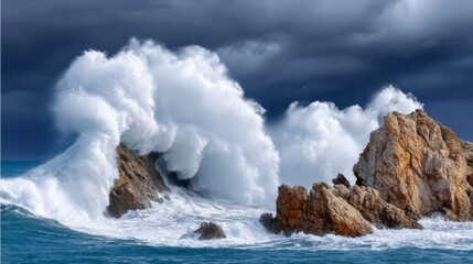 Cresting Ocean Waves Crashing Against Rocky Coastline Beneath Dark Storm Clouds