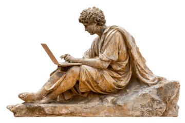Classical Stone Sculpture of a Young Man Sitting and Using a Laptop