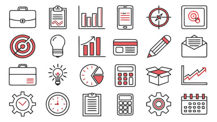Business and office icons set featuring charts, graphs, calculator, calendar, briefcase, light bulb, gears, and documents. Perfect for finance, corporate strategy, marketing,