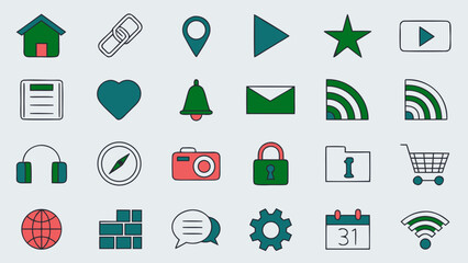 Modern outline icons for web and user interface including home, play, star, heart, bell, email, wifi, shopping cart, settings, and calendar.
