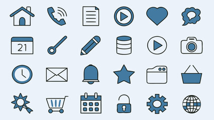 Collection of simple line icons for web and mobile interface design, including home, phone, calendar, camera, lock, settings, heart, and shopping cart. Ideal for apps, websites, and digital projects.
