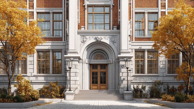 Modern high school entrance facade with contemporary architectural design, 3d illustration of academic building exterior showcasing glass windows, brick walls, and landscaped campus environment