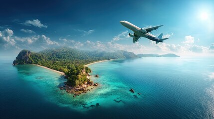 Naklejka premium airplane above tropical island paradise
