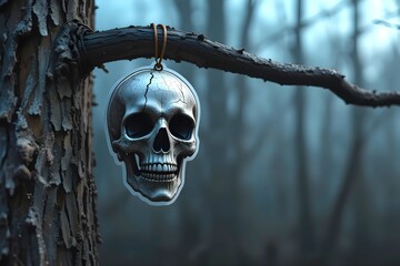 A skull sticker is hanging on a tree branch in jungle representing concept of Halloween
