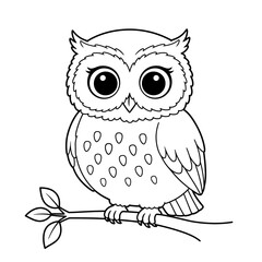 Adorable cartoon owl with large expressive eyes perched on a branch black and white line drawing