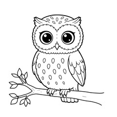 Adorable cartoon owl with big eyes perched on a tree branch perfect for children s illustrations and coloring pages