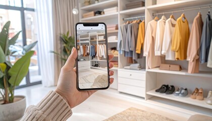Woman Using Smartphone App for Virtual Clothing Try On in Modern Closet