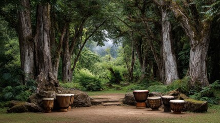 Traditional Drums Set Amidst Lush Tribal Forest Surrounded by Ancient Trees and Vibrant Greenery