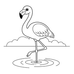 Hand drawn line art illustration of a flamingo standing on one leg in shallow water with clouds in the background