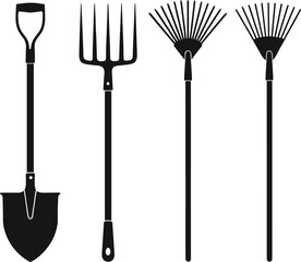 Black silhouette of garden tools including shovel, pitchfork, and two rakes, isolated on white background, gardening, landscaping essentials