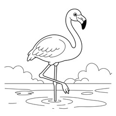 Simple line drawing of a flamingo standing on one leg in shallow water with clouds in background