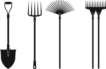 Black silhouette of gardening tools including shovel, pitchfork, two different types of rakes, isolated on white background, outdoor tools