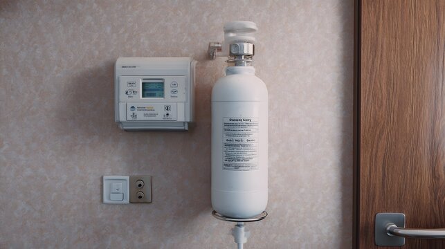 Medical oxygen cylinder and control panel mounted on a hospital room wall highlighting healthcare technology - Powered by Adobe