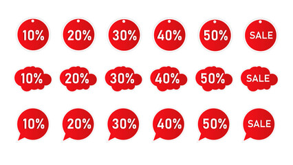 Red discount sale labels with percentage tags isolated on white background