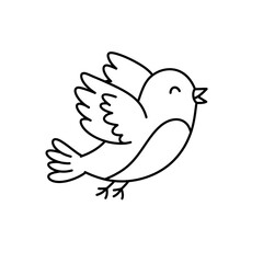 Charming hand drawn outline of a happy little bird in mid flight with wings spread wide